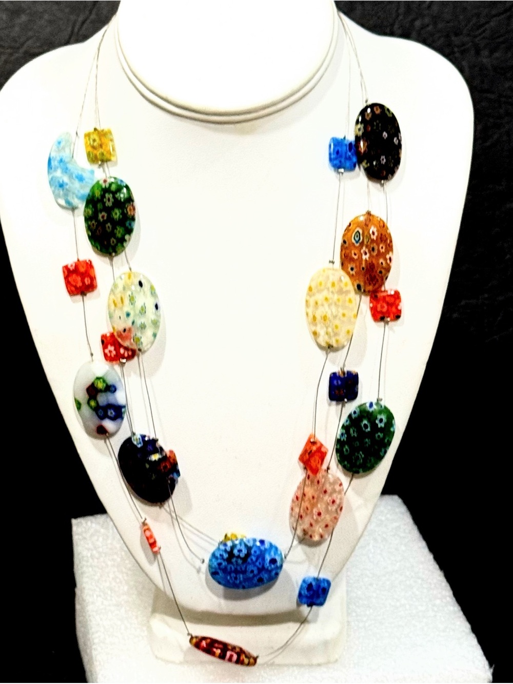 Multicolor 3 Invisible Strand Glass Bead Necklace Jewelry Adjustable Length